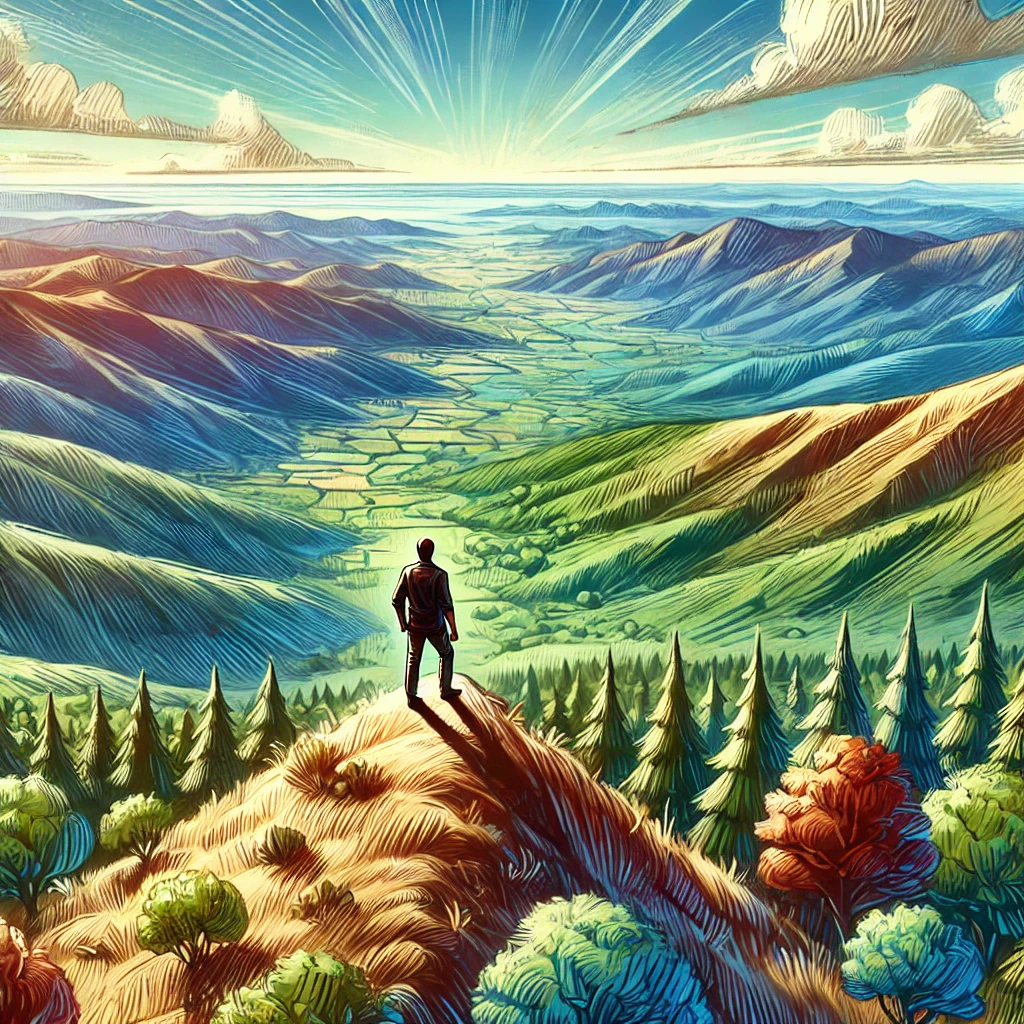 DALL·E 2025-03-14 10.19.07 - A bird’s-eye view from a mountain top, overlooking a vast landscape filled with rolling hills and trees in vibrant, natural colors. A person stands co
